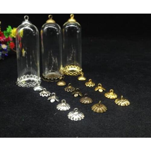 500sets/lot 50*18 wholesale bell jars tube glass vial pendant with double lace tray cap glass wssh bottle necklace glass cover