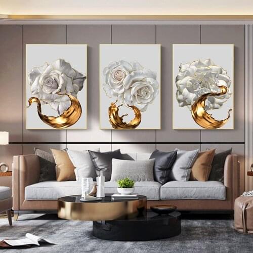 White rose flower golden ink splash abstract poster nordic art plant oil painting oil painting modern mural home decoration
