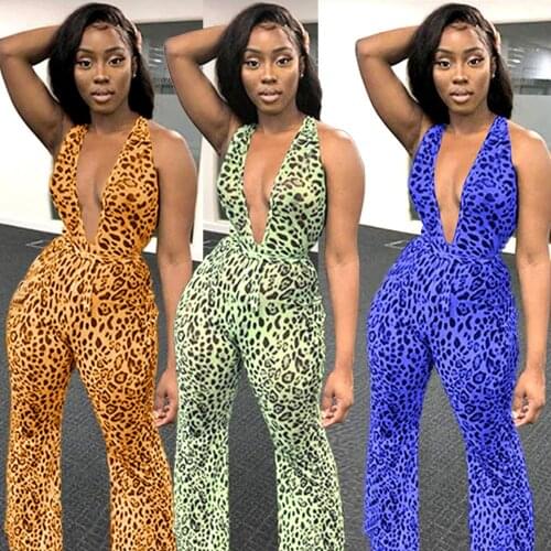 BKLD 2019 Summer Women Sexy Leopard Printed Deep V-Neck Backless Rompers Jumpsuits Clubwear Sleeveless Wide Leg Pants Jumpsuits