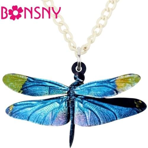 Bonsny Acrylic Novelty Blue Dragonfly Insect Necklace Pendant Chain Choker Collar Symmetry Jewelry For Women Girl Accessory Gift