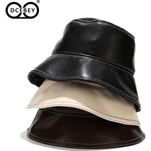 DCEBEY New Autumn Winter Women Hats PU Leather Bucket Hats Fashion Lady PU Leather Waterproof Bucket Hat Foldable Fishmen Cap