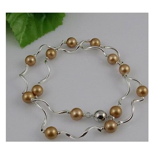 Unique Pearls jewellery Store,Single String Tube Silver Brown Shell Pearl Necklace,Magnet Clasp,Charming Girl Wedding Gift