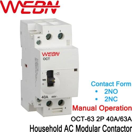 OCT-63 Series 2P 40A/63A Manual Operation AC Household Contactor 220V/230V 50/60Hz Contact 2NO/2NC Din Rail Modular Contactor