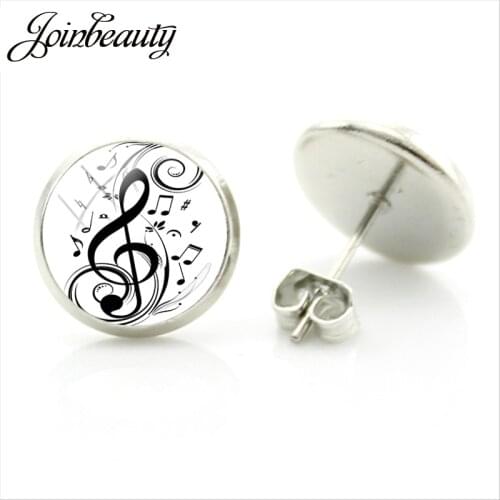 JOINBEAUTY New Arrival Music Notes Stud Earrings Handmade Glass Dome Round Jewelry Treble clef and Notes Earring Jewelry MT03