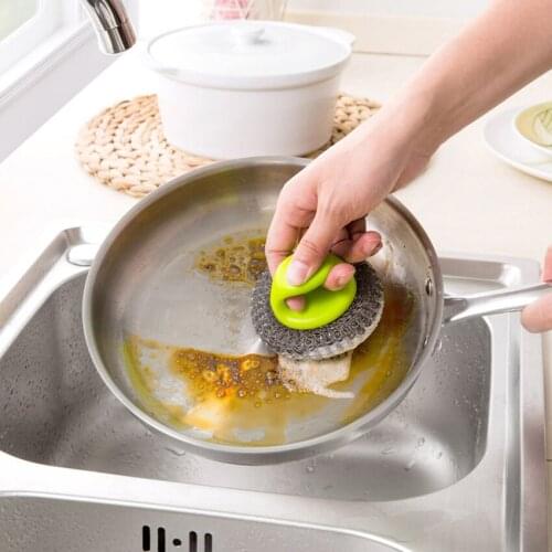 2pcs/set plastic stainless household kitchen bowl pan skillet non-stick oil dishwashing powerful cleaning wire brush ball
