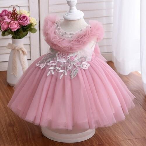 Fluffy Collar Baby Girl Dress Flower Girl Wedding Dresses Party Ball Gown Appliques Kids Friendly Clothes with beading
