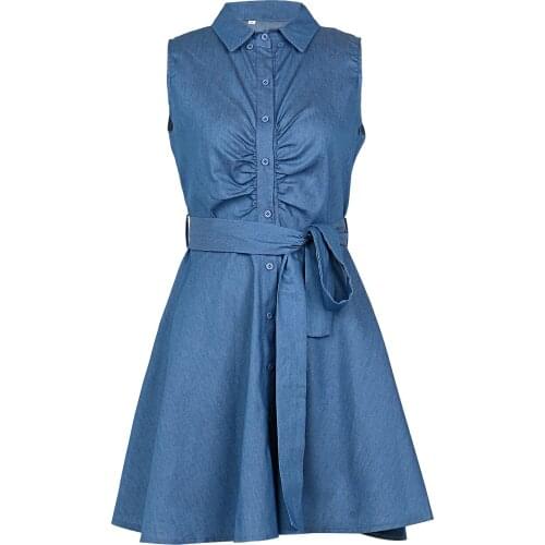 Women Dress, Solid Color Sleeveless Folded Collar Button-Down Slim A-Shaped, Loose Dress with Waist Belt for Beach, Vacation