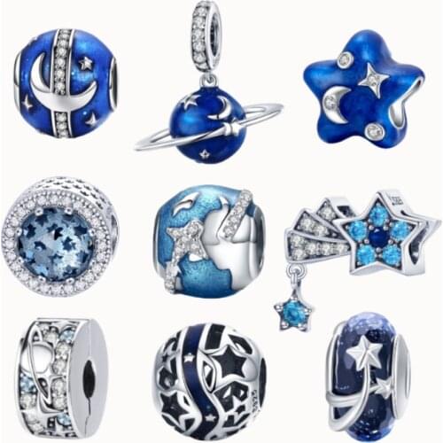 BISAER Real 925 Sterling Silver Travel World Charms Planet Star Moon Tassel Beads Fit Charms Bracelets Silver 925 Jewelry ECC183