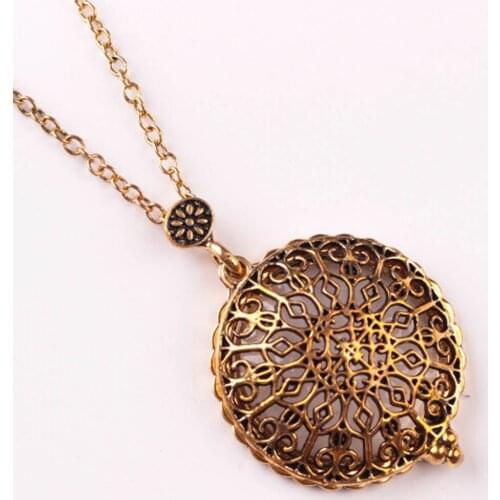 Hollow Pattern Circle Glass Cabochon Domed Magnifying Glass Necklace Unisex Magnifier Pendant Antique Gold Alloy Jewelry