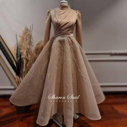 Luxury Beaded Champagne Muslim Evening Dresses Long Sleeve Elegant Dubai Women Wedding Party Dress 2021 Arabic Midi Formal Gowns