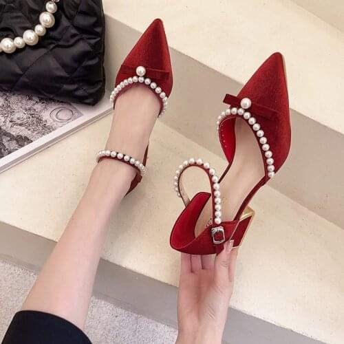 Red high-heeled shoes spring and autumn new elegant pointed toe mid-heel Baotou pearl bow knot ladies sandals wedding shoes