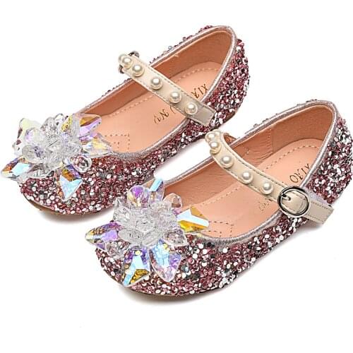 New Crystal Shoes 3D Glitter Pearls Strap Mary Jane Flower Girl Flats Soft Sole Princess Birthday Party School Dress Shoes Pink