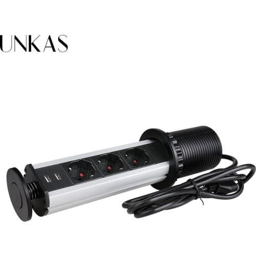 UNKAS 13A PULL POP UP 3 Italy / Chile Plug Socket Dual USB Charge Port Kitchen Table Desktop Outlet Silver Black Aluminum Body