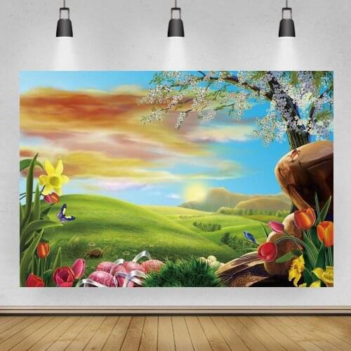 Green Grassland Tree Spring Photography Backgrounds Happy Birthday Kids Cake Table Decor Backdrops For Photo Studio