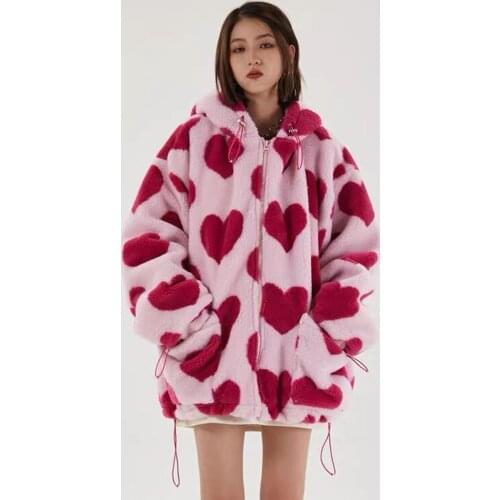 Heart Print Jacket Women for Valentines Day Winter Zipper Hooded Flannel Parka Harajuku Lambswool Sherpa Streetwear Couple Coat