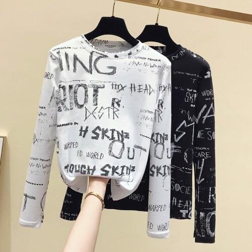 Spring Autumn 2020 New Harajuku Print T Shirt O-Neck Punk Letter TShirt Print Casual Long Sleeve Streetwear Women Top