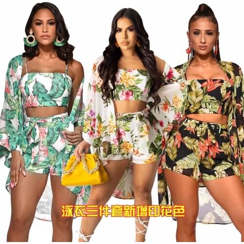 Three Piece Womens Clothing Wholesale Sexy Vest Printed Pants Chiffon Fashion Printed Cardigan Casual Temperament Beach Suit