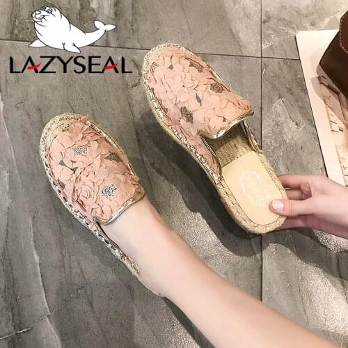 LazySeal Embroider Flat Half Slippers Slip On Summer Bordered Hemp Slides Ladies Female Fashion Rose Flowers Shoes Footwear