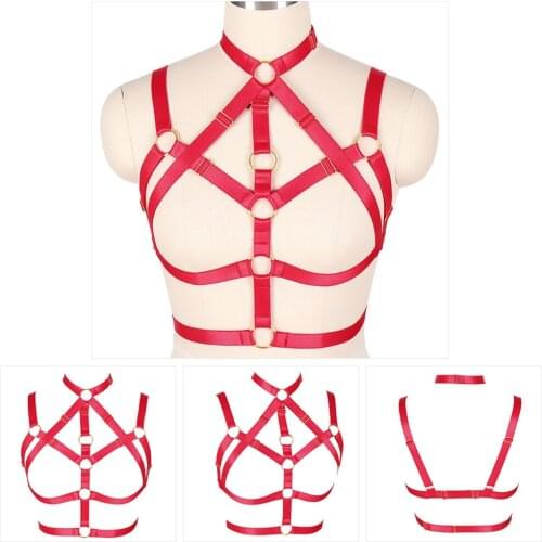 Red Goth Punk Harness Women Hollow Out Cage Bra Tops Adjust Waist Suspender Belt Erotic Sexy Lingerie Sword Belt Pole Dance Rave