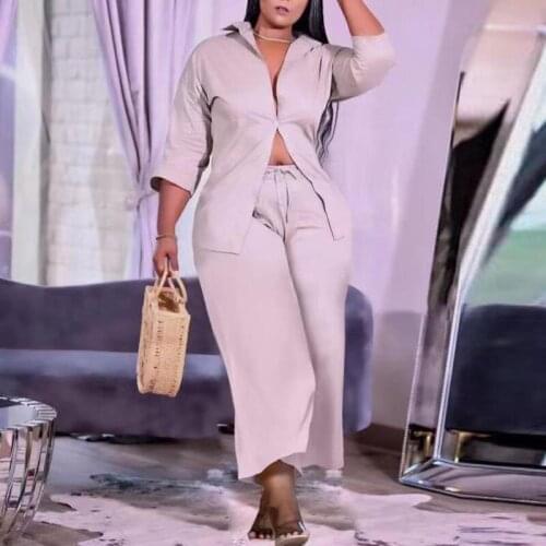 Women Plus Size Two Piece Suits V-Neck 3/4 Sleeves Solid Color Long Sleeve Shirt & Loose Pants Wide-Leg Pants Straight Set