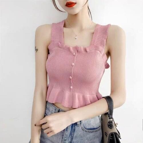 Women Casual Tank Top Flounce Hem Sleeveless Tops Buttons Cute Camisoles Halter Collar Ribbed Crop Knitting Athlete