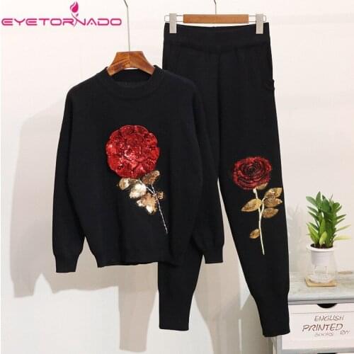 2 Pieces Track Suit Women Casual Flowers Sequined Knitted Sweater Top + Long Pencil Trousers Pant Suit 2 Pieces Pant Set E6690