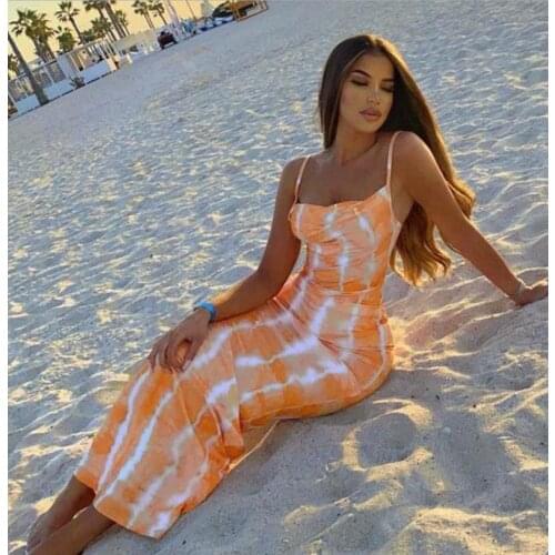 Women’s Summer Sexy Suspender Long Dress Fashion Tie-dye Printing Square Collar Skinny Dress