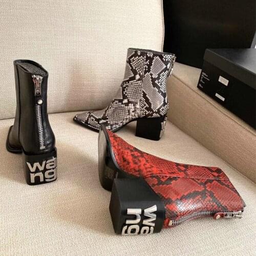 Vallu2020 new zipper square head letter short boots womens leather thick-heeled snake print fashion atmospheric boots