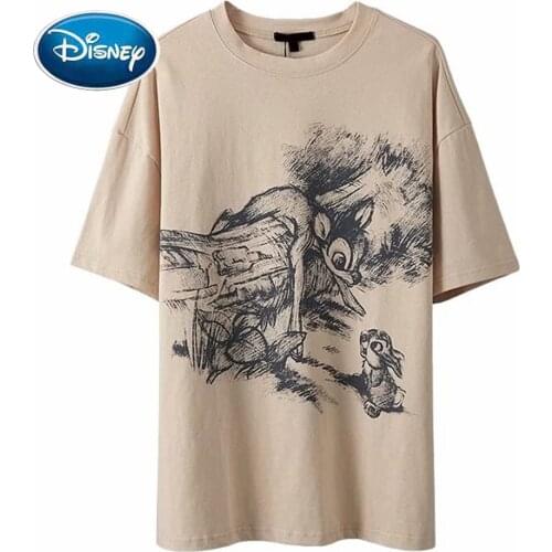 Disney T-Shirt Harajuku Bambi Deer Thumper Rabbit Sketch Cartoon Print Short Sleeve Fashion Women O-Neck Casual Female Tee Tops