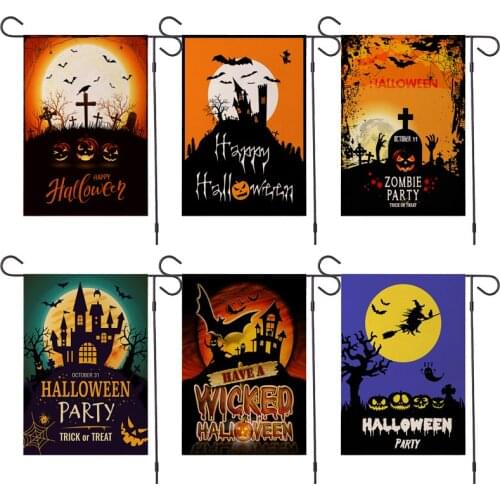 Halloween Print Hanging Flag Linen Banner Pumpkin Castle Witch Garden Decoration Banner Holiday Party Decoration