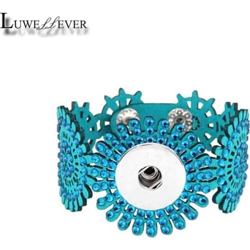 Luwellever Crystal Rhinestones 055 Leather Bangle Fit 18mm Snap Button Bracelet Interchangeable Charm Jewelry For Women gift