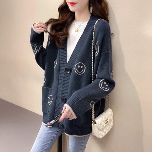 Fashion smiley face jacquard V-neck knitted cardigan womens autumn 2021 trendy loose long-sleeved ladies sweater jacket