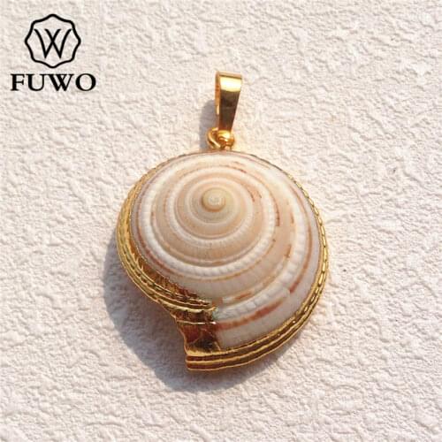 FUWO Natural Trumpet Shell Pendant 24K Gold Electroplated Off Center Drilled Spiral Whelk Shell Jewelry Supplies Wholesale PD535