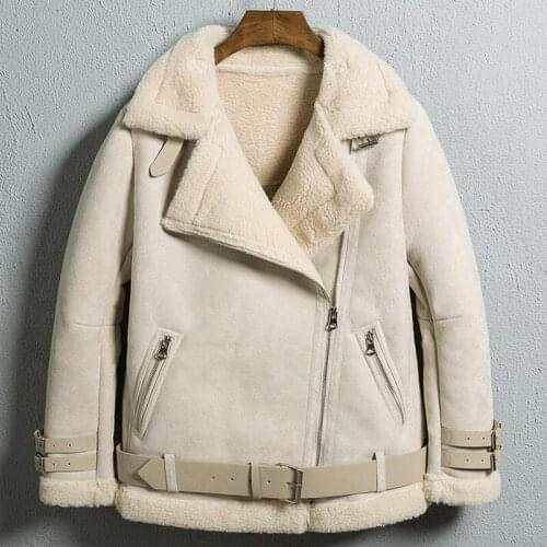 Casual Fashion Wool Blends Coats Woman Overcoats Winter Fur Coats Automotive Women Shearling Lamb Fur Coat Ivory Color 2020 A069