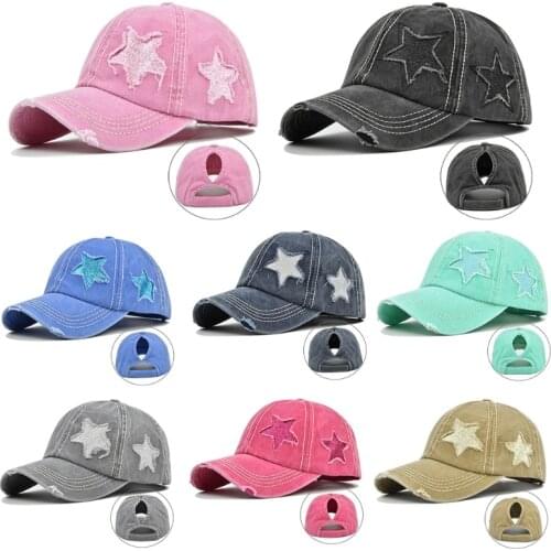Womens Washed Cotton Baseball Cap Glitter Star Embroidery Vintage Distressed Messy High Bun Ponytail Hole Trucker Hat