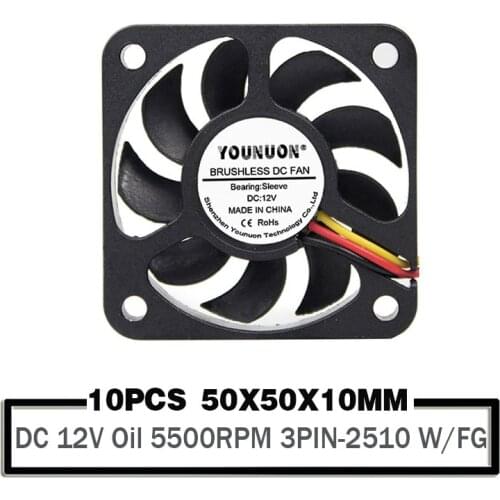10PCS 5010 50*50*10 12V Cooling Fan 3Pin 50mm 5cm PC Laptop Computer Industrial Cooling Fan 50x50x10mm FG Cooling Fan