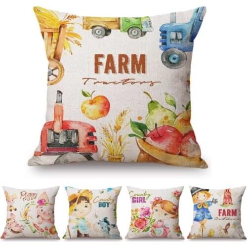 18" Cute Autumn Farm Harvest Cartoon Watercolor Kids' Room Decoration Throw Pillow Case Lovely Baby Animals Floral Cushion Cover