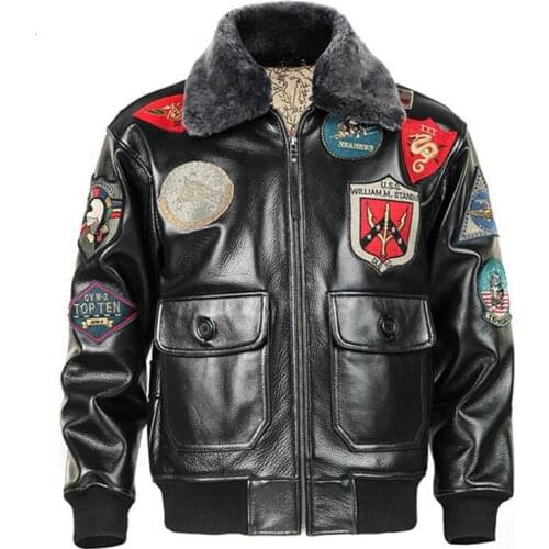 2020 Men Black Top Gun Leather Pilot Jacket Plus Size 3XL Wool Collar Genuine Cowhide Military Leather Pilot Coat Can Customized