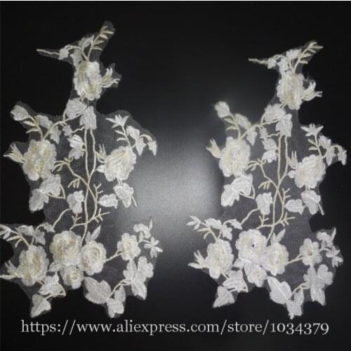 3pairs Ivory Wedding Dress Floral Embroidery Sewing Patches Lace Applique Flower Trims DIY Craft 30X 18CM BD0312