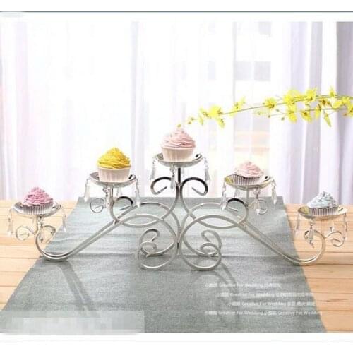 5 Heads silver plated metal candle holder Crystal cake stand wedding Centerpiece flower bowl Candle holder with pendants