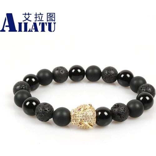 Ailatu Brand Jewelry Micro Pave Cz Big Leopard Charm with 10mm Narutal Stone Beads Bracelets for Mens Gift