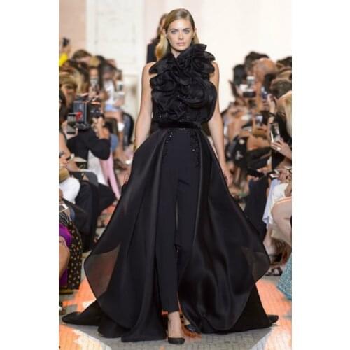New Black Prom Dresses Jumpsuits With Detachable Train 3D Ruffle High Neck Sequins Evening Dress Party Runway Fashion Gowns