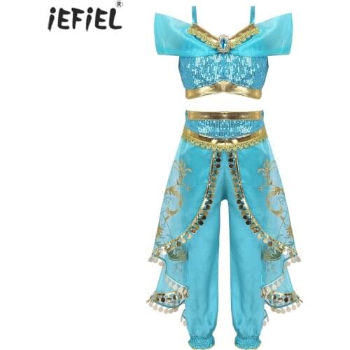 Glittery Sequins Girls Princess Costume Outfit Off Shoulder Crop Top with Pant Set Halloween Cosplay Party Dress Up Kids Clothes