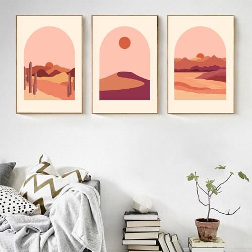 Boho Desert Landscape Poster Sunrise Sunset Art Print Vintage Canvas Painting Modern Natural Wall Picture For Living Room Deco