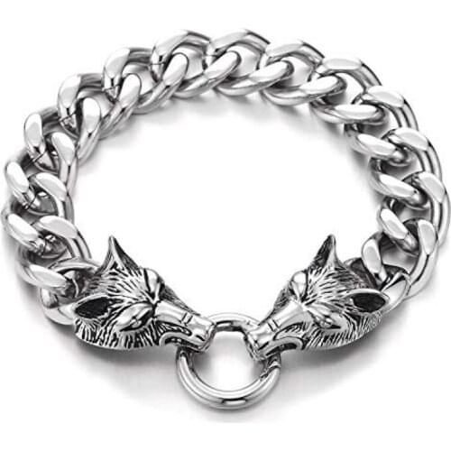 Retro Mens Stainless Steel Bracelet Punk Viking Style Wolf Head Square Chain Bracelet Motorcyclist Jewelry