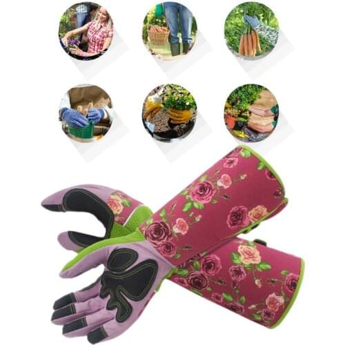 Breathable Floral Print Puncture Resistant Long Sleeve Leather Gardening Gloves Padded Palm Protective Hand Cover Garden Tools