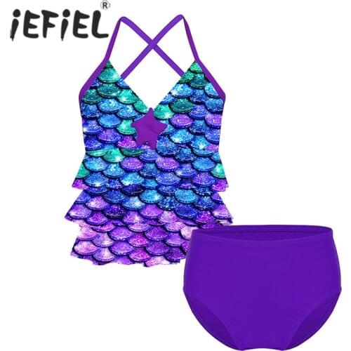 2Pcs Kids Girls Mermaid Swimwear Kid Starfish Fish Scales Print Tankini Bikini Suit Sleeveless Swimsuit Bathing Suit Beachwear