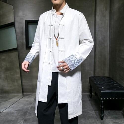 2021 Men Chinese Traditional Cotton Linen Embroidery Hanfu Shirts Mens Robe Cardigan Tang Suit Han Fu Male Tai Chi Kimono 5XL