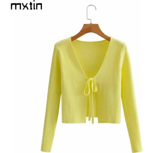 MXTIN 2021 Women Spring Fashion Yellow Cropped Cardigan Knitted Sweater Vintage Bow Tie V Neck Long Sleeve Female Chic Tops