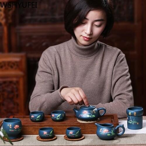 A set of authentic purple sand pot pure hand-made stone pot pot raw ore green mud Tea set home gift teapot tea set gift box